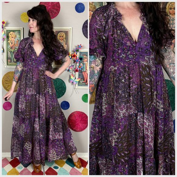 Vintage Dresses & Skirts - Vintage 1970s Purple Short Sleeve Tiered Gauzy Cotton Midi Dress